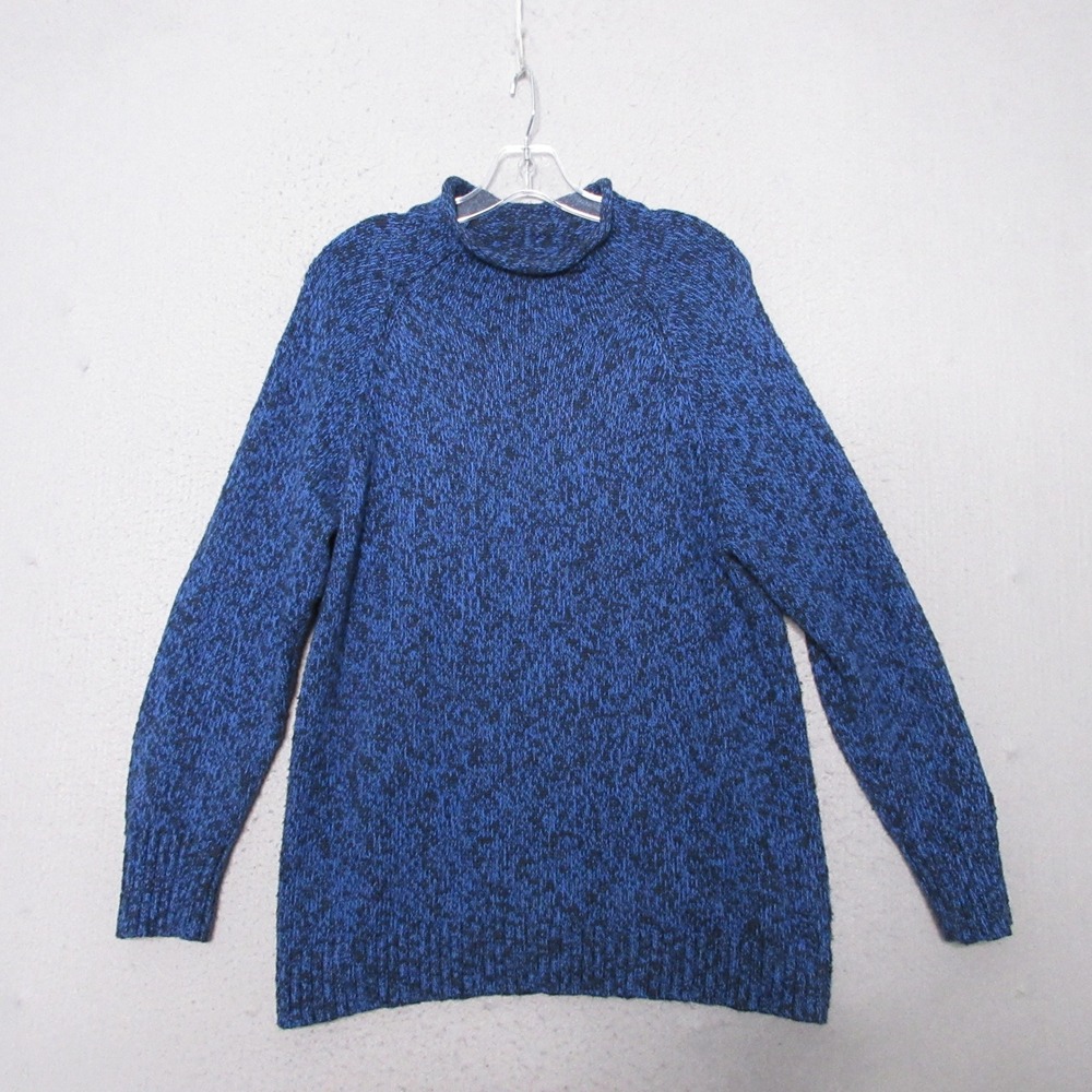 LL Bean Sweater Large Blue Roll Neck Cotton Ragg Funnelneck Marled Heritage